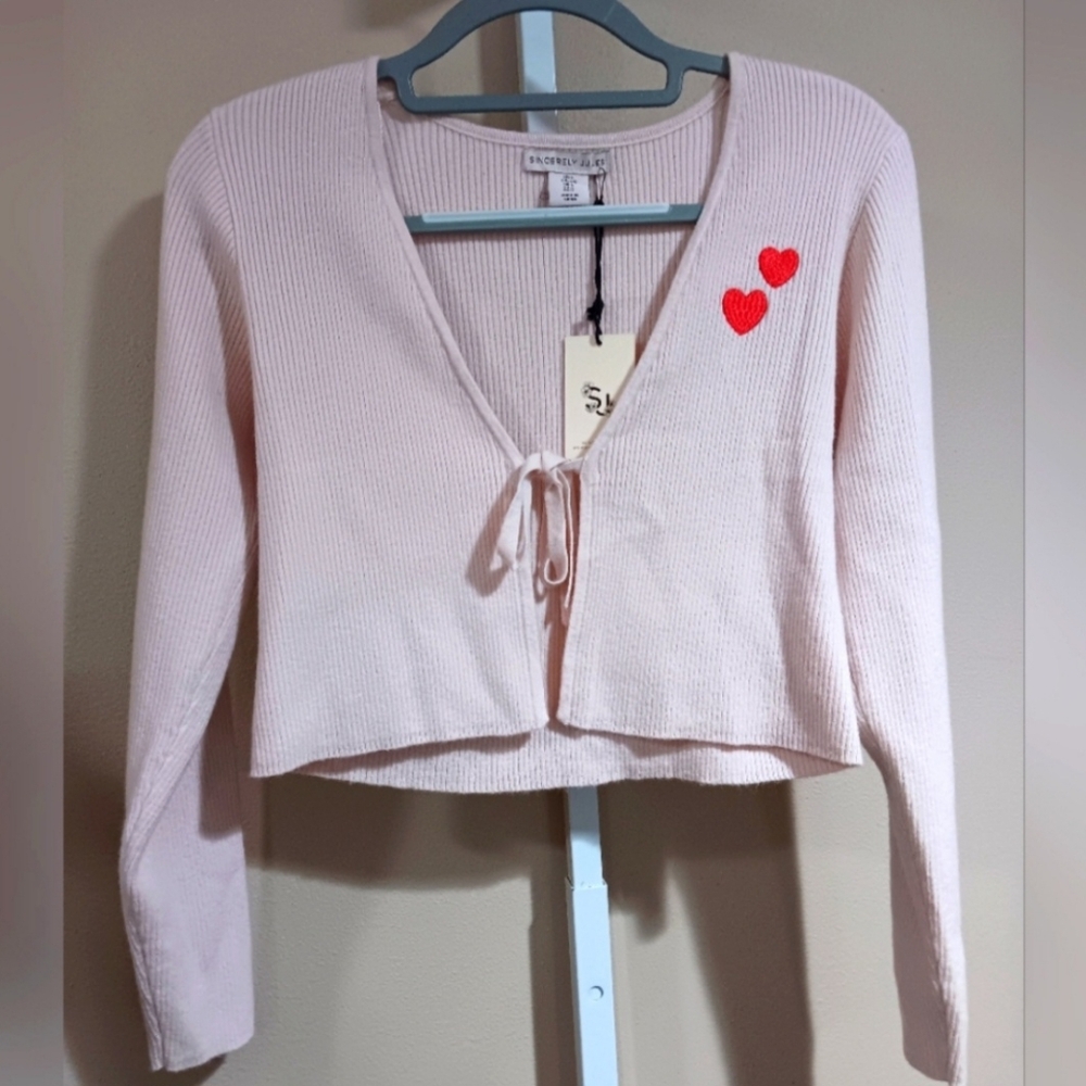 Sincerely Jules (Size L) Soft Pink LS Cardigan with Red Heart Accents (NWT)